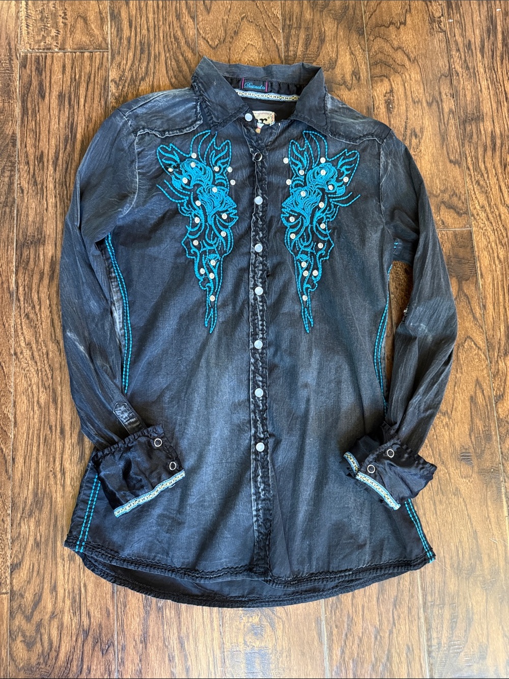 Roar Black Button-Down Shirt with Teal Embroidery, size women’s medium